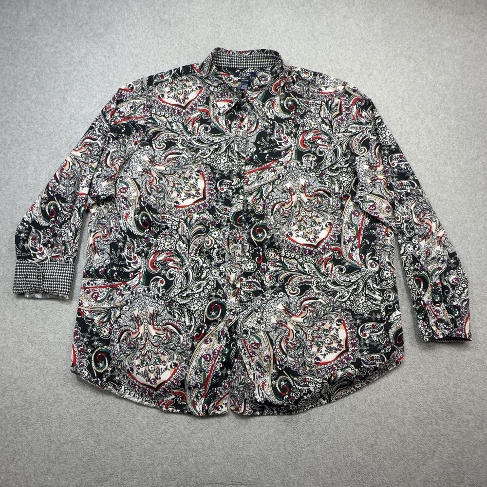 Chaps Shirt Womens 2X Plus Black Paisley Long Sleeve No Iron Button Front Top